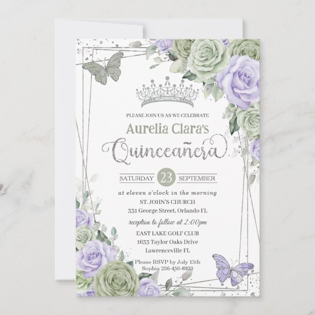 Sage Lila Blommigt Butterflies Silver Quinceanera Inbjudningar (Framsida)