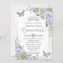 Sage Lila Blommigt Butterflies Silver Quinceanera Inbjudningar