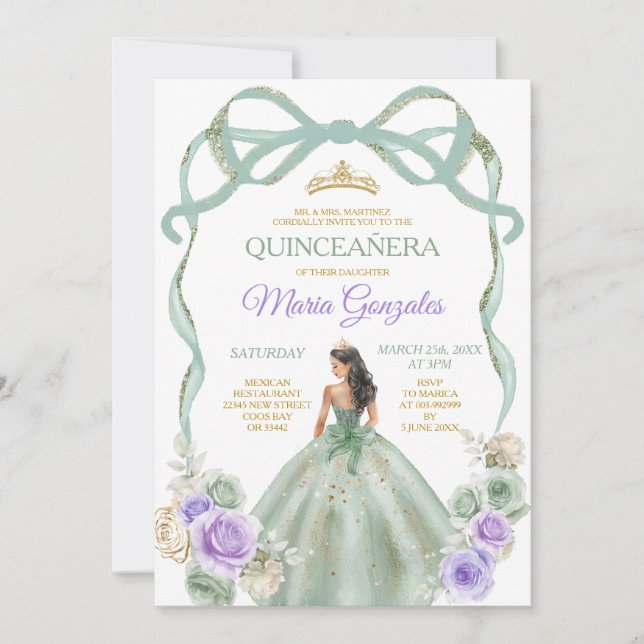 Sage Lila Bow Princess Guld Krona Quinceañera Inbjudningar (Framsida)