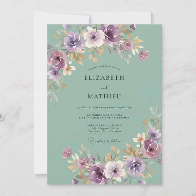 Sage Lila Romantisk Bröllopsdekor Inbjudningar (Framsida)