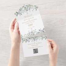 Sage Lilac Blommig Guld Monogram QR-kod Bröllop