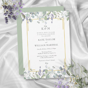 Sage Lilac Blommig Monogram Bröllopspar Shower Inbjudningar