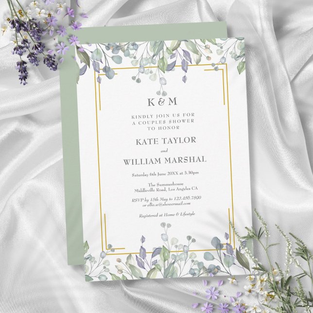 Sage Lilac Blommigt Monogram Bröllop Par Shower Inbjudningar (Sage Lilac Floral Monogram Wedding Couples Shower Invitation)
