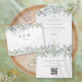 Sage Lilac Blommigt Monogram QR Code Bröllop