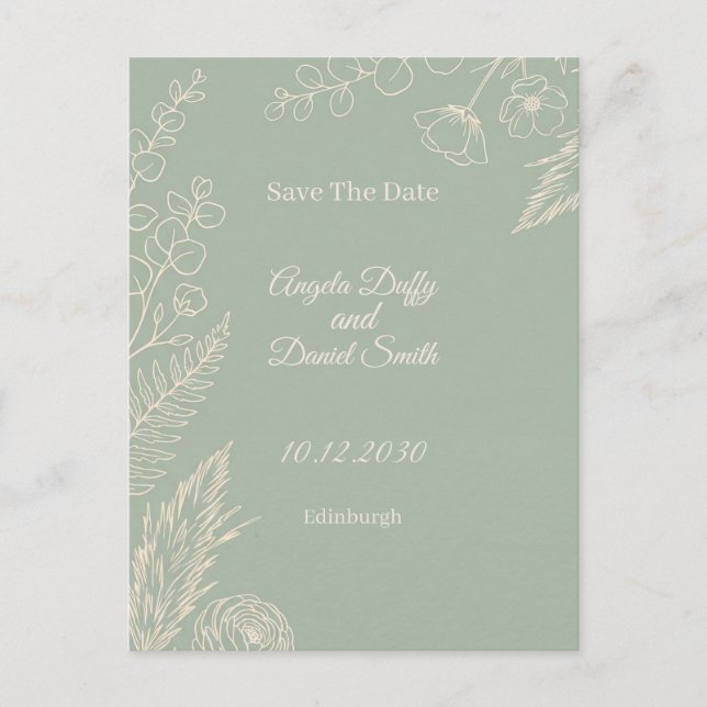 Sage Line Art Floral Save the Date Vykort (Framsida)