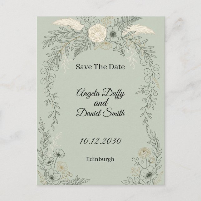 Sage Line Art Floral Save the Date Vykort (Framsida)