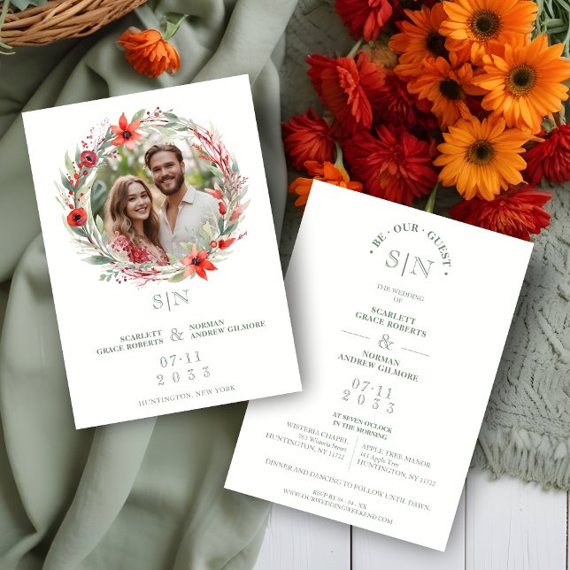Sage Luxury Initials Floral Red Shades Round Photo Inbjudningar (Sage Luxury Initials Floral Wreath Red Shades Round Photo Wedding Invitation Card.)