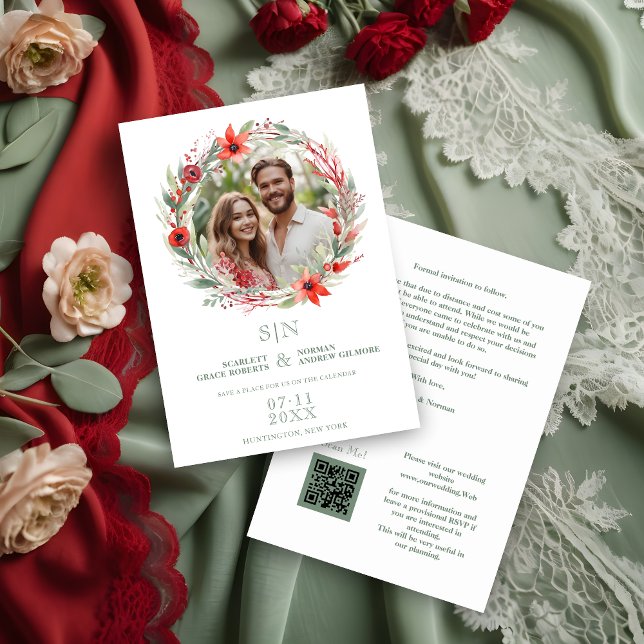 Sage Luxury Initials Floral Red Shades Round Photo Spara Datumet (Sage Luxury Initials Floral Red Shades Round Photo Wedding Save the Date Card. Front)