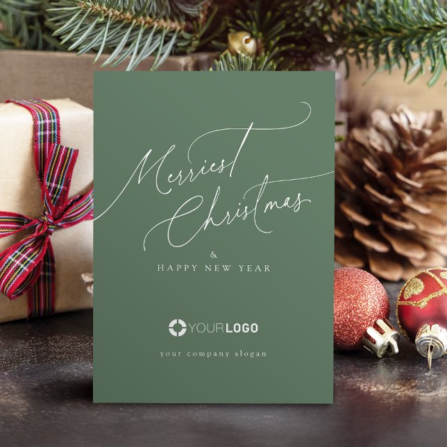 Sage Minimal Script Merriest Christmas Company Julkort (Sage Minimal Script Merriest Christmas Company Holiday Card)