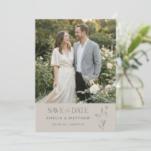 Sage Minimalistisk Botanisk Taupe Foto Bröllop Spara Datumet