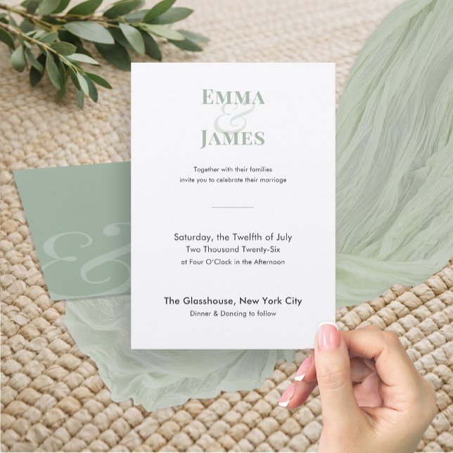 Sage Minimalistisk Bröllopsinbjudan | QR-kod Inbjudningar (Modern sage wedding invitation with minimalist typography and a soft, elegant design.)