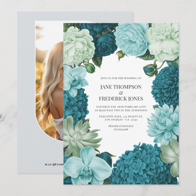 Sage Mint, Ocean Teal & Ice Bluebell Bröllop Inbjudningar (Fram/baksida)