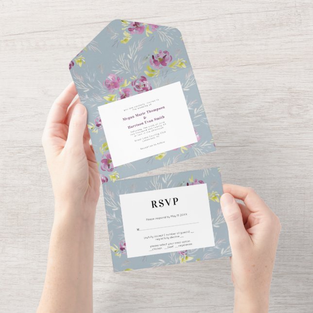 Sage Modern Akvarell Blommig Bröllopsinbjudan (Tearaway)