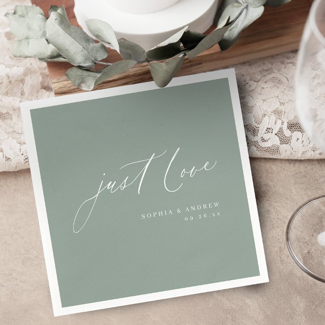 Sage modern just kärlek-skript minimalist bröllop pappersservett (Sage modern just love script minimalist wedding napkins)