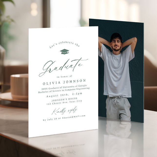 Sage Modern kalligrafi Enkel Foto Examen Inbjudningar (Sage Modern Calligraphy Simple Photo Graduation Invitation)