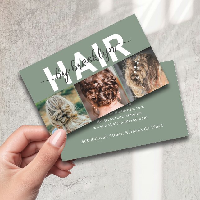 Sage Modern Photo Typography Hair Stylist Visitkort (Skapare uppladdad)