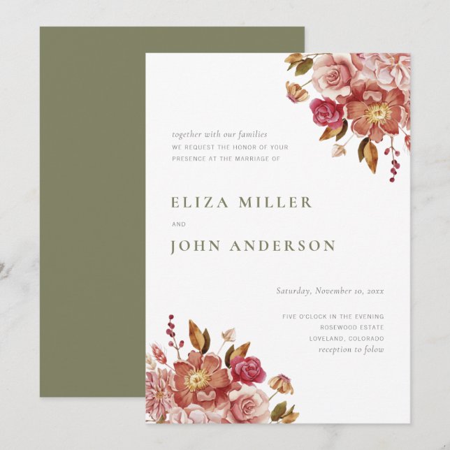 Sage Modern Rustic Watercolor Blommigt Bröllop Inbjudningar (Fram/baksida)
