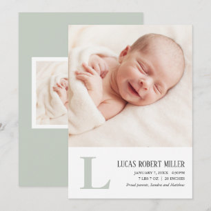 Sage Monogram Baby Birth Announement Photo Card Meddelande