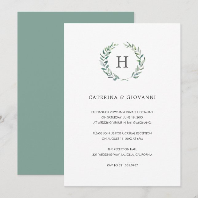 Sage Monogram Grönska Rustik Bröllopsmottagning Inbjudningar (Fram/baksida)