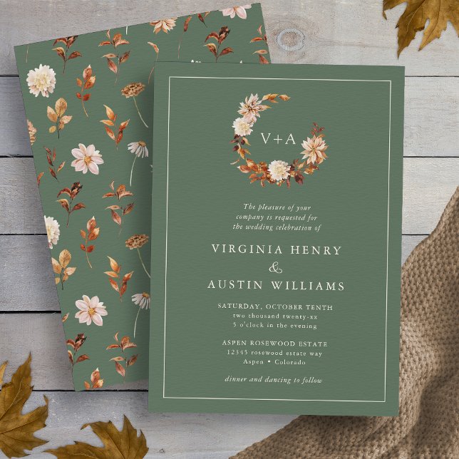 Sage Monogrammed Bröllop Inbjudningar (Autumn Leaves Sage Green Monogrammed Wreath  Wedding Invitation by Painted Paperie
)
