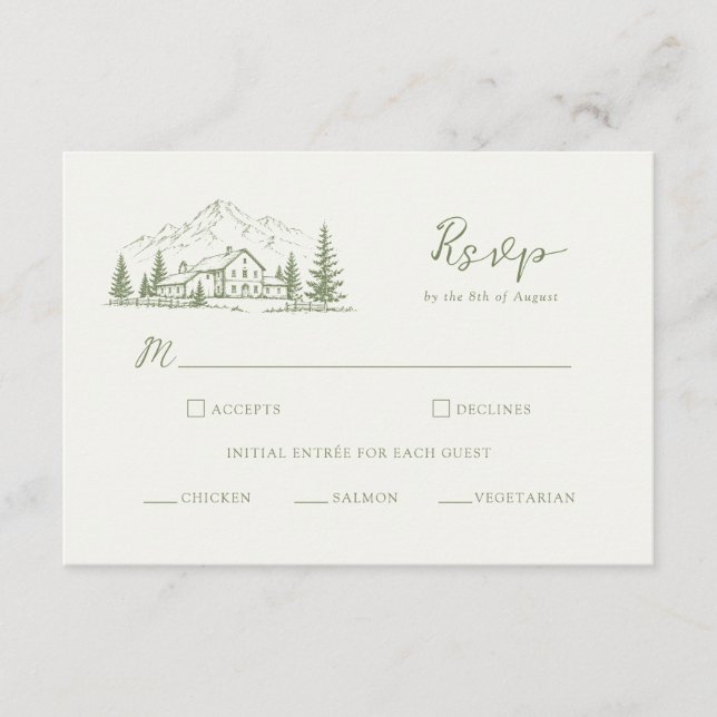 Sage Mountain Bröllop RSVP Inneslutande Kort (Framsida)