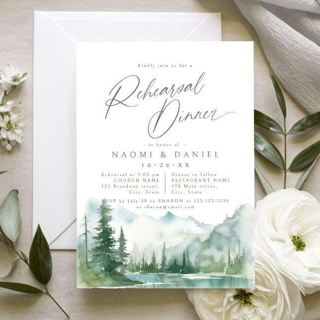 Sage Mountain Forest Rustik Förövningmiddag Inbjudningar (Sage Mountain Forest Rustic Rehearsal Dinner Invitation)