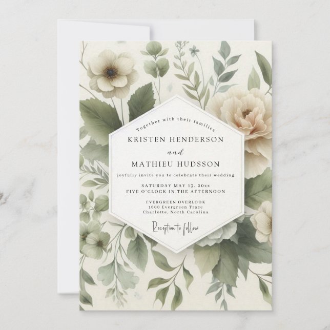 Sage Muted Flora Bröllop Inbjudningar (Framsida)