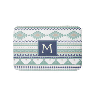 Sage & Navy Blue Monogram Native American Mönster Badrumsmatta