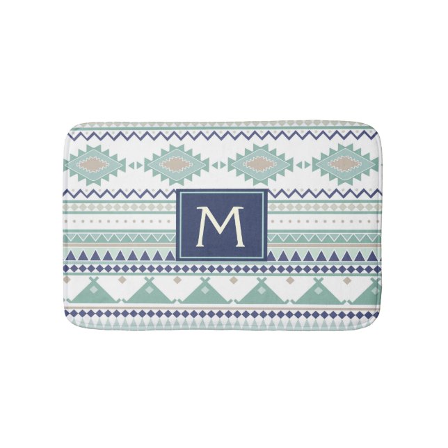Sage & Navy Blue Monogram Native American Mönster Badrumsmatta (Framsidan)