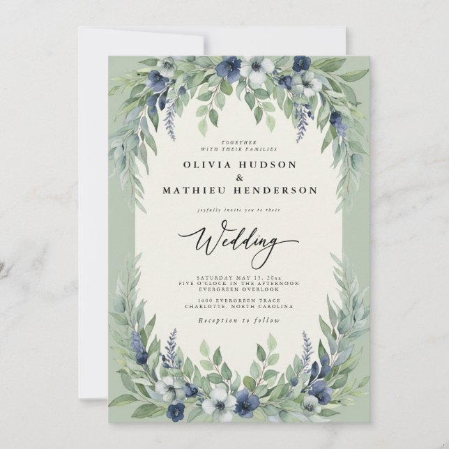 Sage Navy Watercolor Skog Bröllop Inbjudningar (Framsida)