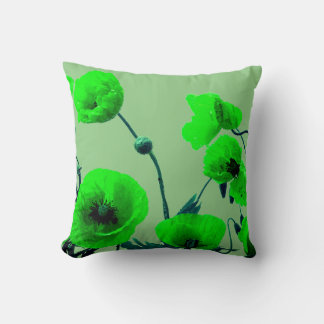 Sage Neon Grönt Blommigt Watercolor Poppy Flowers Kudde