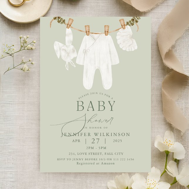 Sage Neutralt Boho Clothes Line Baby Shower Inbjudningar (Sage Neutral Boho Clothes Line Baby Shower Invitation)