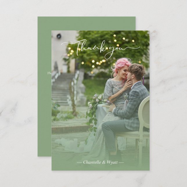 Sage Newlyweds Photo Simple Calligraphy Script Tack Kort (Fram/baksida)