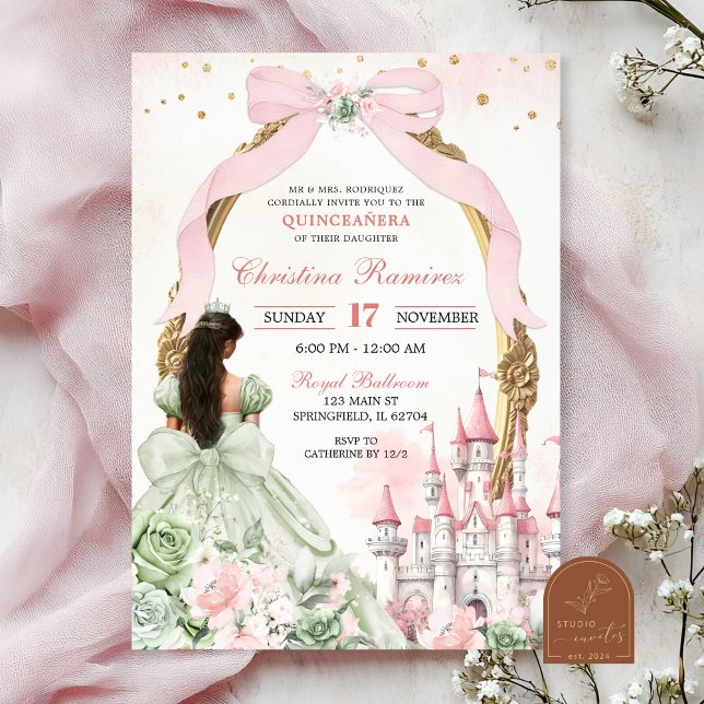 Sage och Blush Rosa Coquette Bow Sagolikt Slott Inbjudningar (Skapare uppladdad)