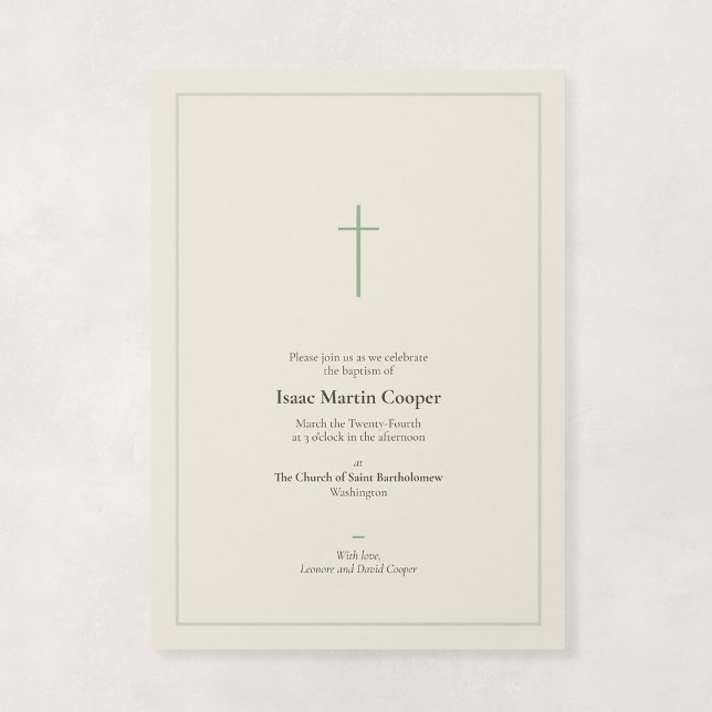 Sage och kräm religiöst minimalt kors dop inbjudningar (Grace - Minimal Cross Baptism Invitation in Sage)
