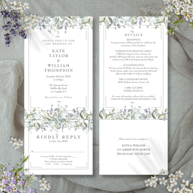 Sage och Lilac-Blommigt allt på en Bröllop Inbjudningar (Sage And Lilac Floral All In One Wedding Invitation)