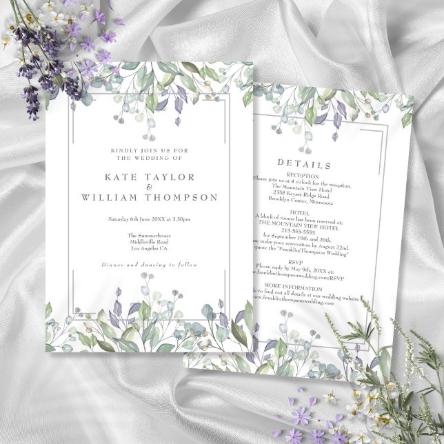 Sage Och Syren Blommig Allt-i-ett Bröllop Inbjudningar (Sage And Lilac Floral All In One Wedding Invitation)