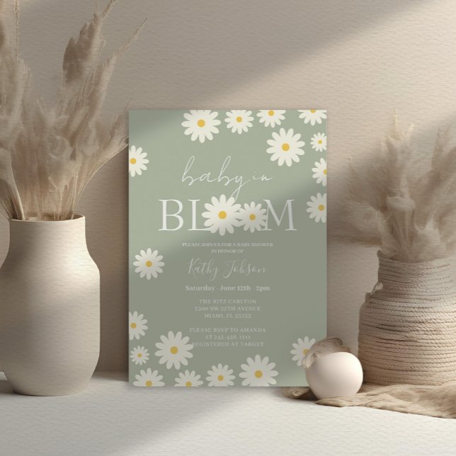 Sage Olive Blommigt Daisy Baby i Bloom Shower Inbjudningar (Skapare uppladdad)
