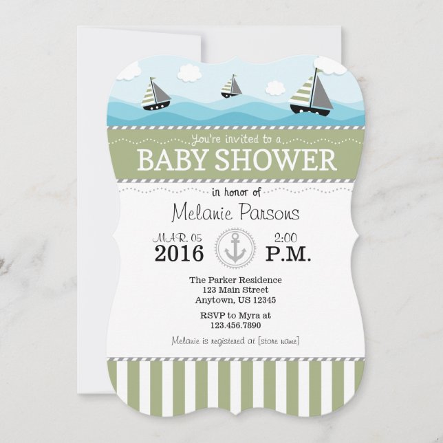 Sage Olive Blue Nautical Baby Shower-inbjudan Inbjudningar (Framsida)