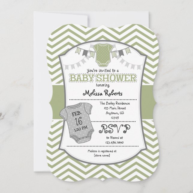 Sage Olive Grått Chevron Baby Shower-inbjudan Inbjudningar (Framsida)