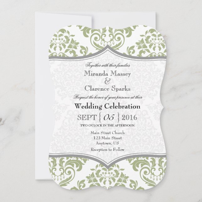 Sage Olive Grått Damask Bracket Wedding bjudande i Inbjudningar (Framsida)