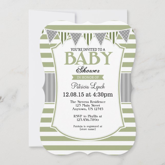 Sage Olive Grått Rand Baby Shower-inbjudan Inbjudningar (Framsida)