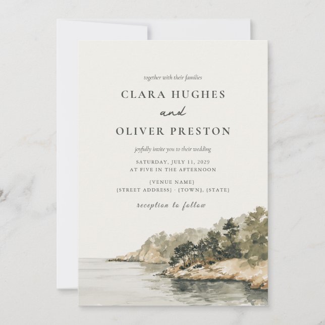 Sage Olive Pine Script Mallorca Coast Bröllop Inbjudningar (Framsida)