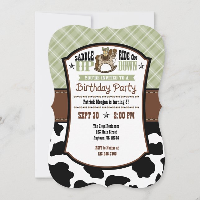 Sage Olive Play Cowhide Cowboy Birthday Inbjudan (Framsida)