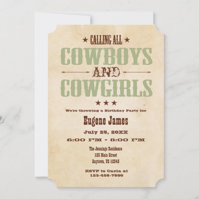 Sage Olive Vintage Cowboy Birthday-inbjudan Inbjudningar (Framsida)