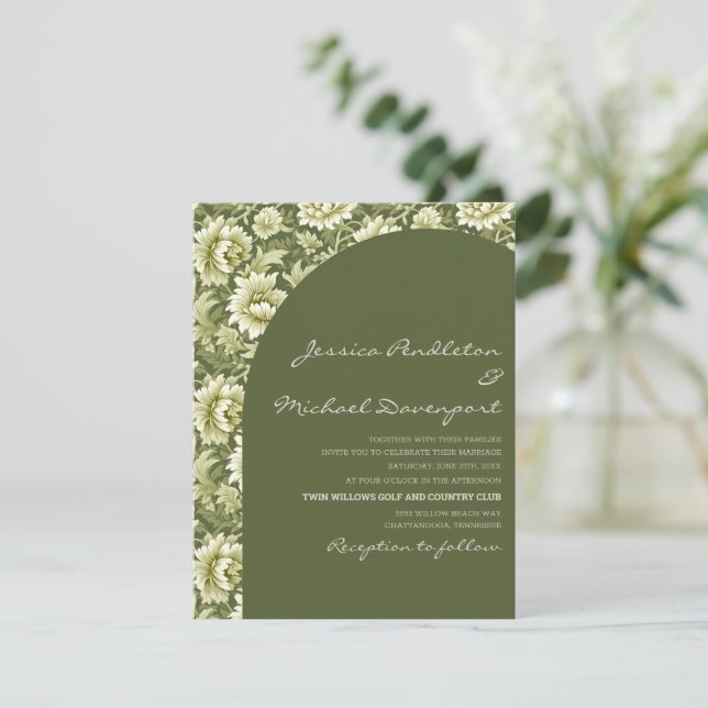 Sage Olivgrön Botanisk Båge Script Bröllop Inbjudningar (Stående Fram)