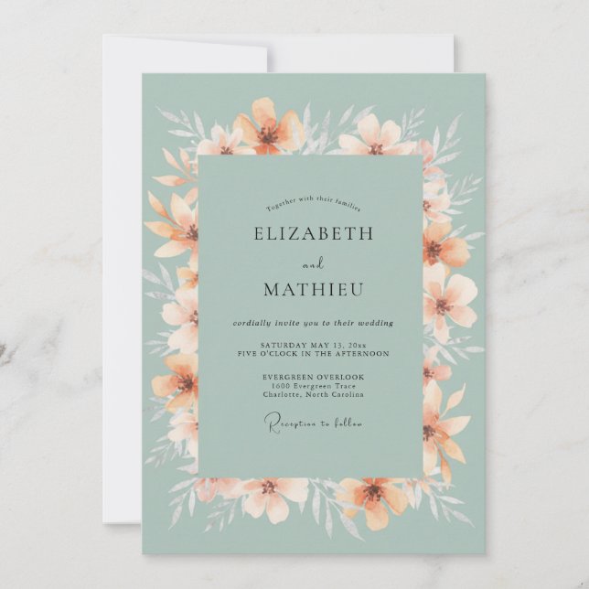 Sage Orange Blossom Krans Bröllop Inbjudningar (Framsida)