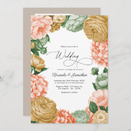 Sage, Peach & Antique Gold Floral Wedding Inbjudningar