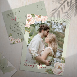 Sage &  Peony Blommigt Photo Bröllop Tack Vykort