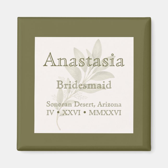 Sage Personalized Bridesmaid Name Magnet (Framsidan)